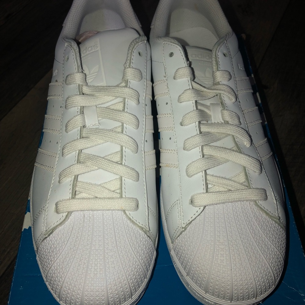 All white Adidas superstars 10.5